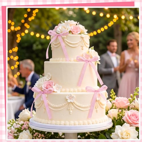 30 Pack Bow Cake Toppers Pink Gingham Ribbon Bows for Cake (30 Count)