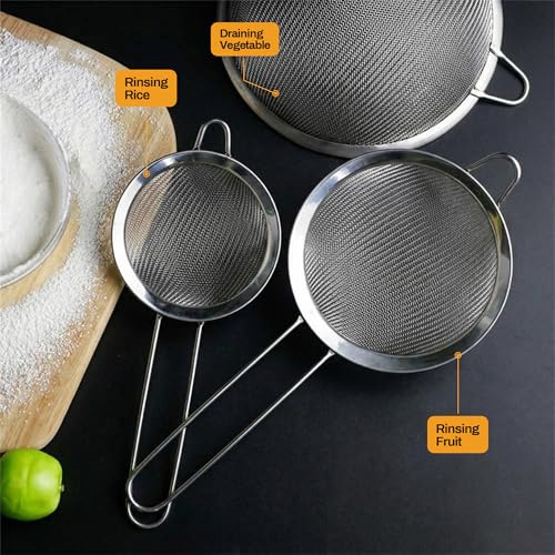 Premium Stainless Steel Fine Mesh Strainers for Kitchen 3 (3 Count)