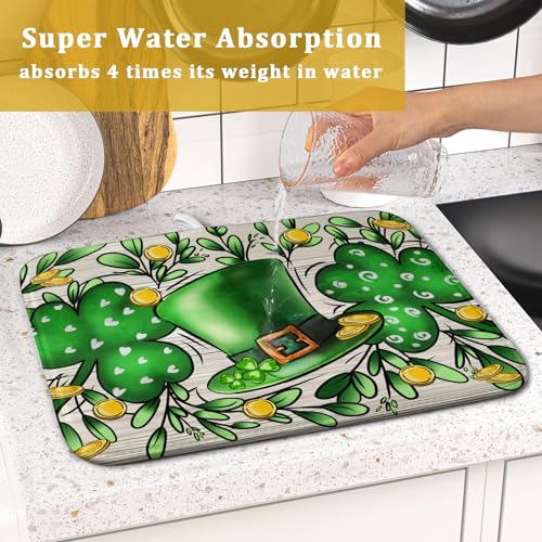 St Patrick's Day Shamrock Dish Drying Mat 16x18 inch Eucalyptus Leaves Dishes Pad Dish Drainer Mats Absorbent Fast Dry Kitchen Accessories
