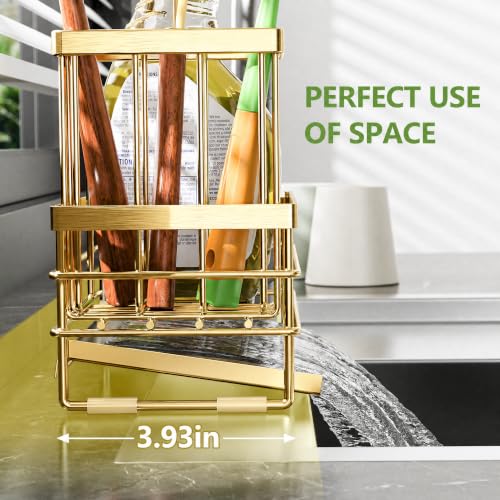 Gold Sink Caddy Sponge Holder for Kitchen with Brush Holder and Stainless Steel Self Drain Tray
