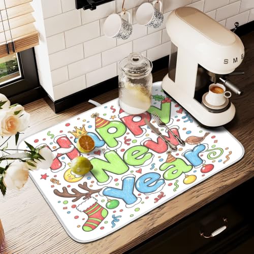 Cute Happy New Year Dish Drying Mat for Kitchen Counter Absorbent Microfiber Large Drying Pad Dish mats for Kitchen Countertops 18 x 24 Inch