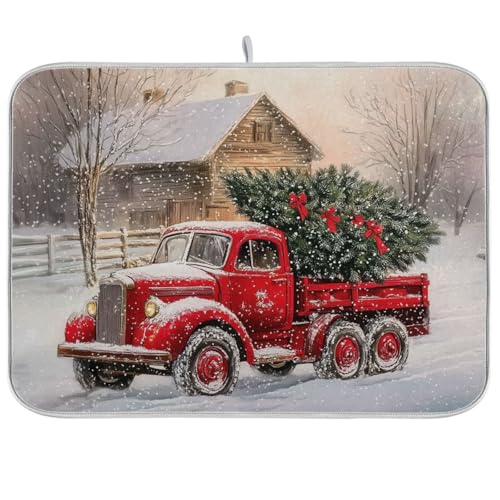Red Christmas Truck Dish Drying Mat for Kitchen Counter Absorbent Microfiber Drying Pad