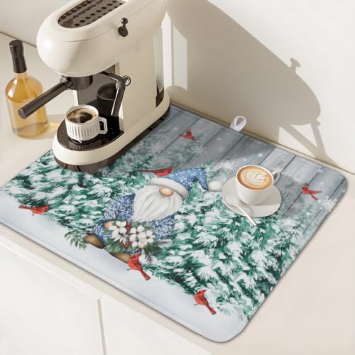Winter Gnome Dish Drying Mat Pine Tree Dishes Pad 16"x18" Microfiber Absorbent Fast Dry Drainer Rack Mats Protector for Kitchen Countertop