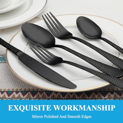 60 Pcs Black Hammered Silverware Set Service for 12 (60 Count)