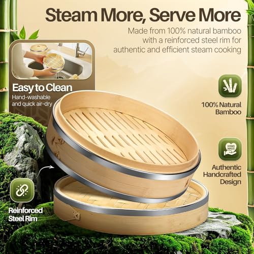 10 Inch Bamboo Steamer Basket Set with Stainless Steel Banding