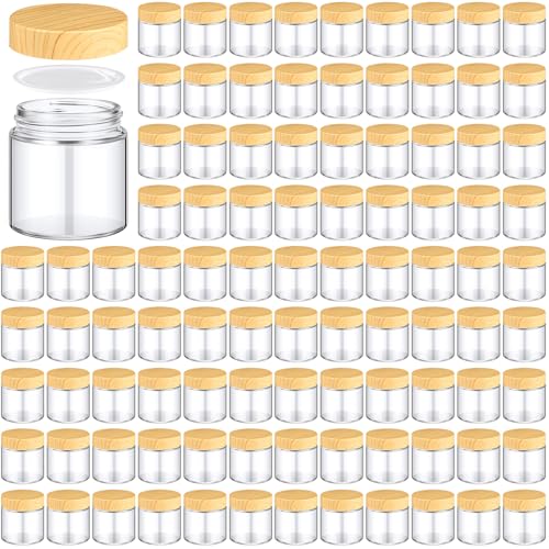 96 Pcs 4oz Glass Jars with Lids Empty Small Glass Containers and Inner Liners Reusable Cosmetic Jars Round Airtight Bottles with Plastic Wood Grain Lids for Travel Wedding Favors Gifts (96 Count)