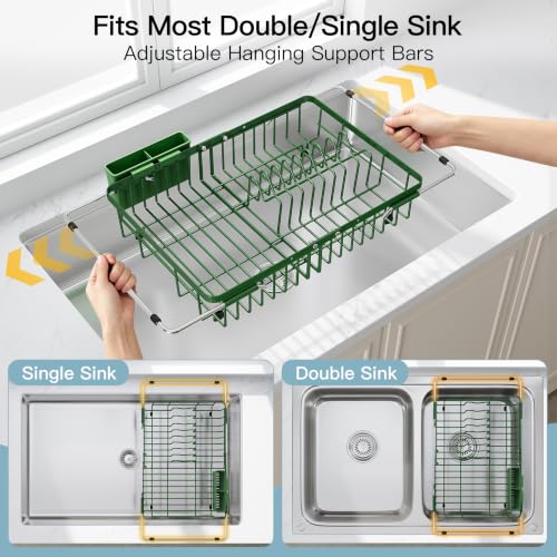 Green Dish Drying Rack Over the Sink with Utensil Holder