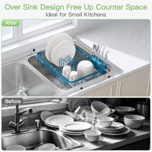 Blue Dish Drying Rack Over the Sink with Utensil Holder