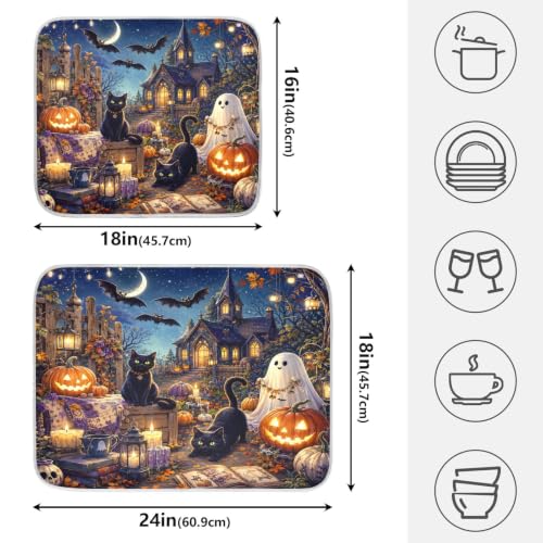 Halloween Night Scene Dish Drying Mat for Kitchen Counter Absorbent Microfiber Large Drying Pad Cats Ghost Dish Mats for Kitchen Countertops 18 x 24 Inch