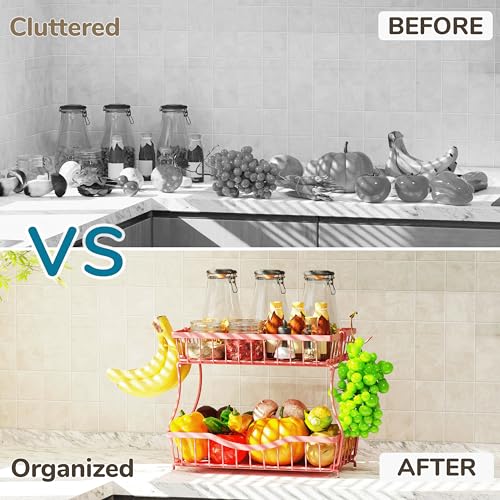 Large 2 Tier Fruit Basket for Kitchen Counter with 2 Banana Hangers (2 Count)
