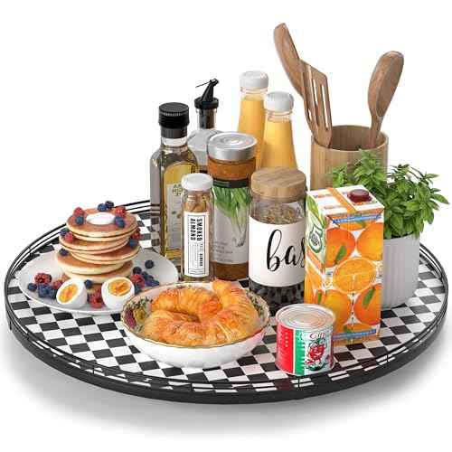 21 Inch Black and White Checkerboard Lazy Susan Decorative Tray