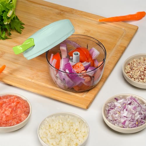 Manual Food Processor Vegetable Chopper 2.3 Cup Small Mini Hand Pull String Onion Chopper Garlic Mincer Cutter with 3 Stainless Steel Blades