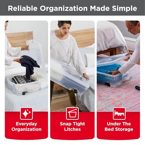 68 Quart Under the Bed Low Profile Storage Boxes with Dual Hinged Lids and Easy Rolling Caster Wheels (2 Count)