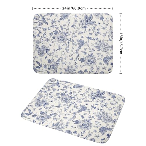 Chinoiserie Flower Dish Drying Mat Blue Leaves Dishes Drying Pad Reusable Washable Kitchen Countertop Protector Dish Drainer Mat 18x24 Inch
