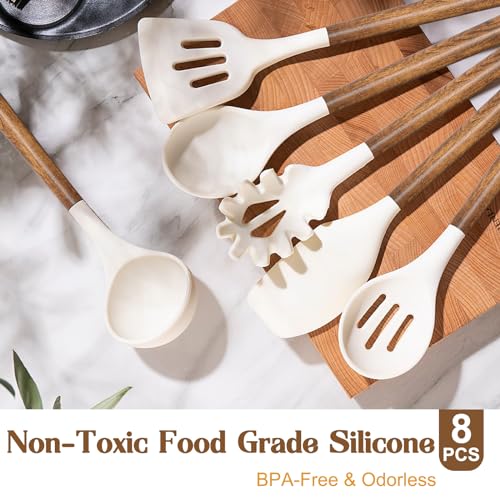 Non Stick Silicone Kitchen Utensils Set with Natural Acacia Hard Wood Handle (8 Count)