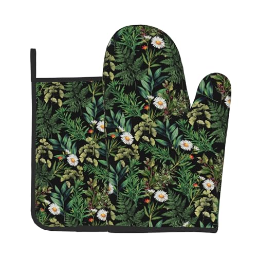 Green Botanical Oven Mitts and Pot Holder Kitchen Accessories Sets Fern Leaves Heat Resistant Baking Cooking Oven Gloves Washable Potholder