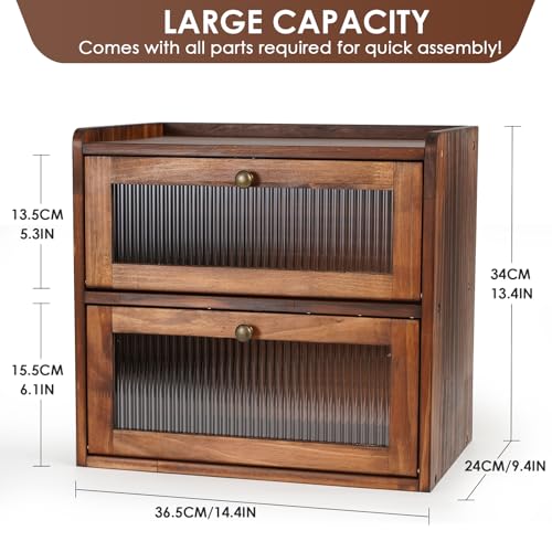 Bread Box for Kitchen Countertop Wooden Bread Storage Container Bin 2 Layer Breadbox Holder Large Capacity Keeper Vintage Farmhouse Food Organizer Pantry Shelf Acrylic Window