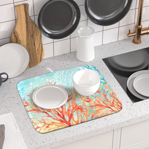 Coastal Coral Dish Drying Mat Beach Ocean Drainer Rack Mat 16x18 Inch Microfiber Absorbent Reversible Dish Dry Pad for Kitchen Counter Sink