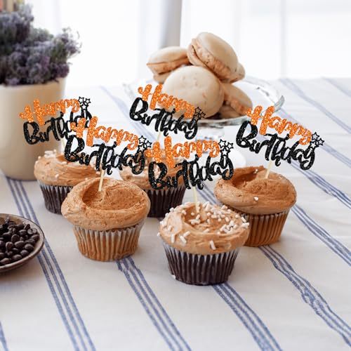 24Pcs Happy Birthday Cupcake Toppers Double Layer Glitter Happy Birthday Cake Decorations for Halloween Baby Shower Theme Anniversary Party Cake Decorations Supplies Black Orange (24 Count)