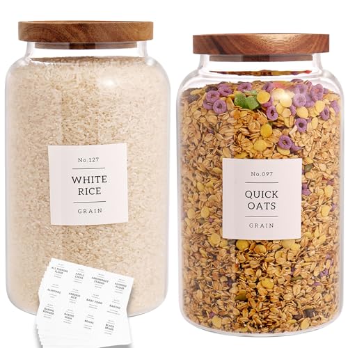 Set of 2 Large Glass Jar with Airtight Acacia Lid and 132 Kitchen Pantry Labels (2 Count)