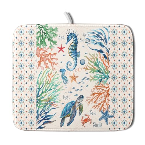 Nautical Coastal Dish Drying Mat Sea Turtle Seahorse Dish Drainer Pad 16"x18" Microfiber Reversible Fast Dry Pad for Kitchen Counter Decor