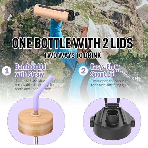 32oz Glass Water Bottle with Straw and 2 Lids