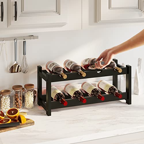 Wine Rack Freestanding 8 Bottle 2 Tier Bamboo Wine Racks Countertop Cabinet Wine Holder Wine Storage Shelf for Kitchen