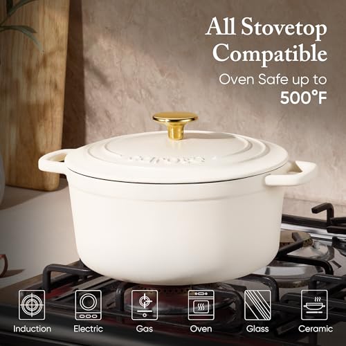 7QT White Enameled Cast Iron Dutch Oven Pot with Lid