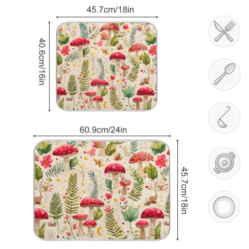 Mushroom Forest Fern Leaves Dish Drying Mat for Kitchen Counter Absorbent Microfiber Drying Pad