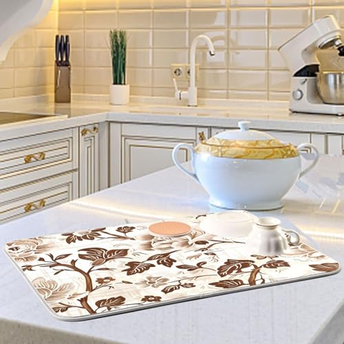 Brown Beige Floral Leaves Dish Drying Mat for Kitchen Counter Absorbent Microfiber Drying Pad