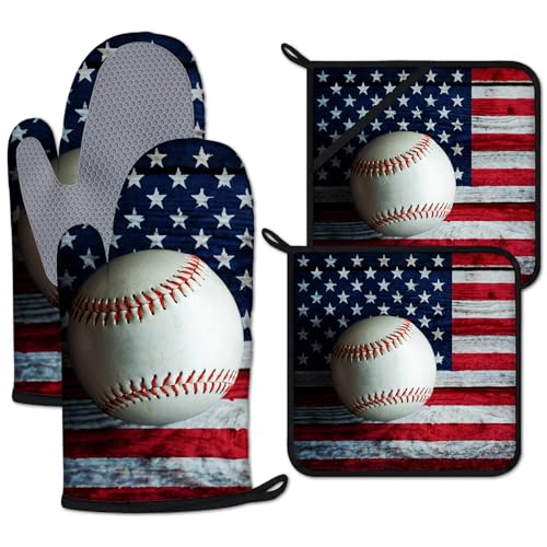 American Flag Baseball Oven Mitts and Pot Holders Sets Heat Resistant 4Pcs Potholders Oven Gloves Hot Pads for Kitchen Baking Cooking Grilling BBQ (4 Count)