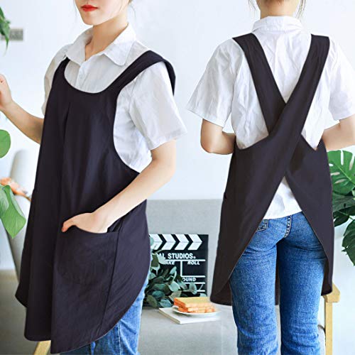 Japanese Linen Cross Back Kitchen Cooking Aprons for Men with Pockets for Baking Painting Gardening Cleaning Black