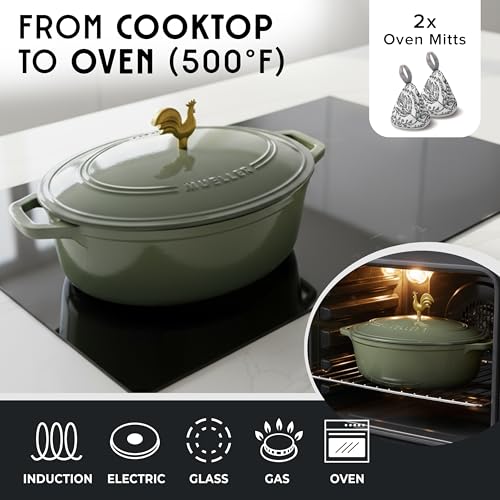 MUELLER HOME 5.5 Quart Enameled Cast Iron Oval Dutch Oven w Rooster Knob & Cotton Potholders