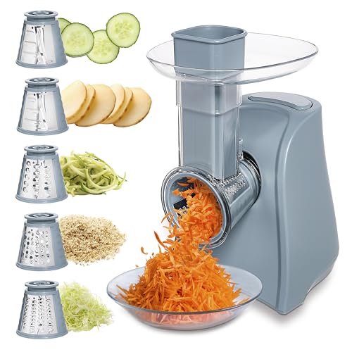 5-in-1 Electric Slicer, 150W Food Prep Machine – Parmesan Shredder, Fine & Coarse Graters, Potato Grater, Vegetable Slicer, Compact Design for Bowl Prep, Blue/Grey