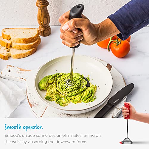 Smood | One-Handed Stainless-Steel Spring Coil Vegetable and Potato Masher with Soft Grip and Bowl Scraper | Red