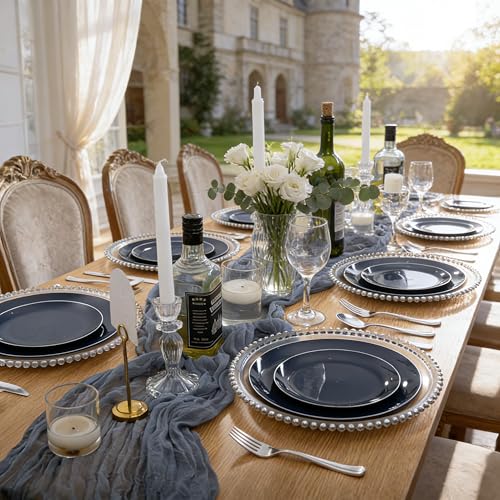 200PCS Blue Plastic Plates with Silver Rim (200 Count)