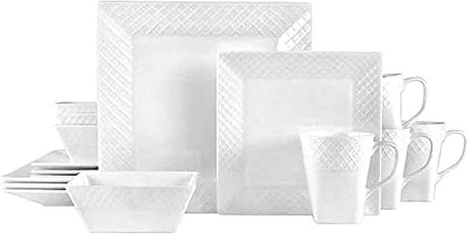 Trellis White Square 16 Piece Dinnerware Set, Service For 4