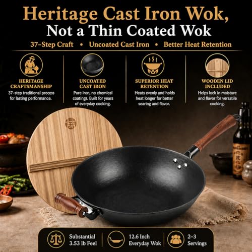 12.6 Inch Cast Iron Wok with Wooden Lid