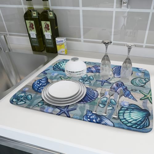 Starfish Seashell Dish Drying Mat 18x24 inch Coastal Beach Dish Drainer Rack Pad Absorbent Microfiber Fast Dry Kitchen Counter Accessories