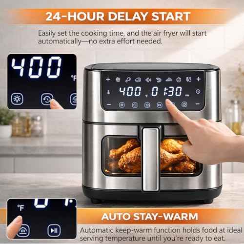 8-in-1 Air Fryer 6.34 Qt, Digital Preset Airfryer with Visible Window, Nonstick and Dishwasher-Safe Basket, Air Fry, Chicken, Pizza, Dehydrate, Fries, 90-Min Timer, 1700W, Black