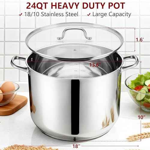 24-Quart 18/10 Stainless Steel Stock Pot with Lid, Large Heavy Duty Soup Pot Compatible with Electric, Gas, Induction and Gas Cooktops, Non-Toxic & Corrosion Resistant, Dishwasher Safe