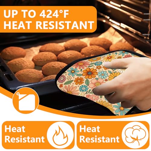 Boho Floral Oven Mitts and Colorful Flowers Pot Holders Sets 4Pcs