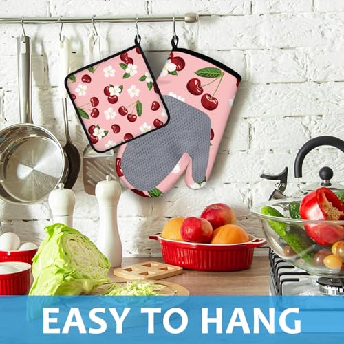 Cherry Oven Mitts and Pot Holders Sets Heat Resistant 4Pcs White Flower Potholders Oven Gloves Hot Pads for Kitchen Baking Cooking Grilling BBQ (4 Count)