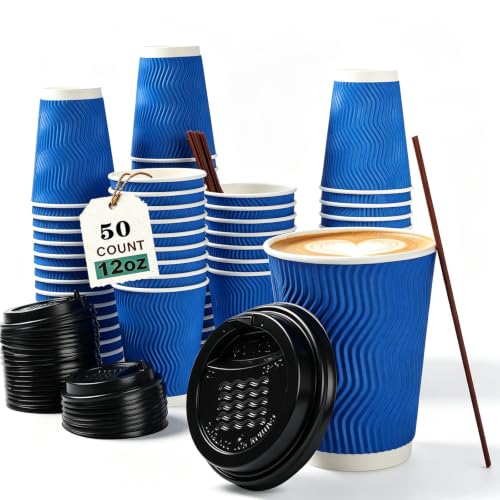 12 oz Disposable Paper Coffee Cups with Lids & Straws (50 Count)