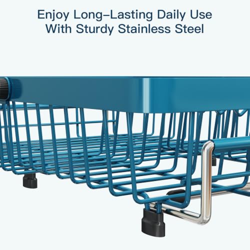 Blue Expandable Dish Drying Rack Over Sink with Extra Drying Mat