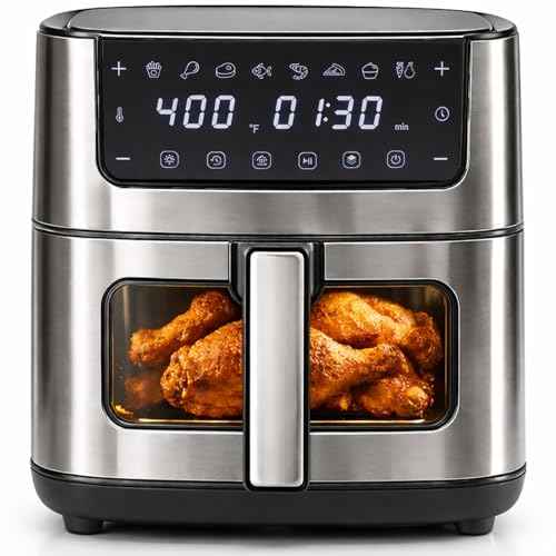 8-in-1 Air Fryer 6.34 Qt, Digital Preset Airfryer with Visible Window, Nonstick and Dishwasher-Safe Basket, Air Fry, Chicken, Pizza, Dehydrate, Fries, 90-Min Timer, 1700W, Black