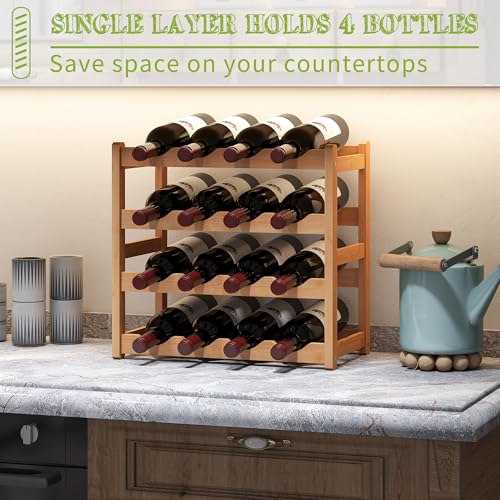 Bamboo Wine Rack Wine Storage Cabinet Shelf 16 Bottle Wine Racks Countertop Sturdy for Kitchen Dining Room Pantry