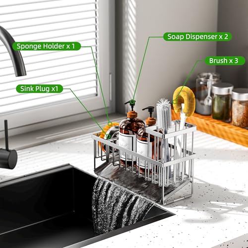 Extra Large Silver Kitchen Sink Caddy Organzier with High Brush Holder