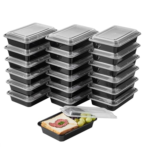 50 Pack Meal Prep Plastic Food Storage Containers With Lids 28 oz 1 Compartment Black Rectangular To Go Lunch Prepping Boxes BPA (50 Count)