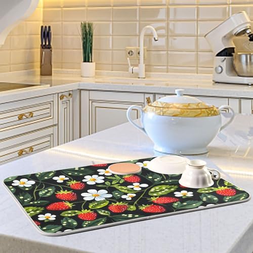 Strawberries White Flowers Dish Drying Mat for Kitchen Counter Absorbent Microfiber Drying Pad